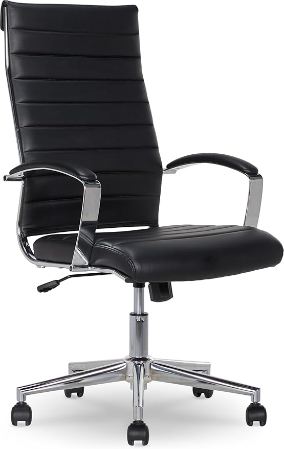 Amazon Basics High-Back Swivel Office Chair with Lumbar Support, Ergonomic Ribbed Faux Leather, Adjustable Height, 45.25" x 24.75" x 23.25", Black by AmazonBasics
