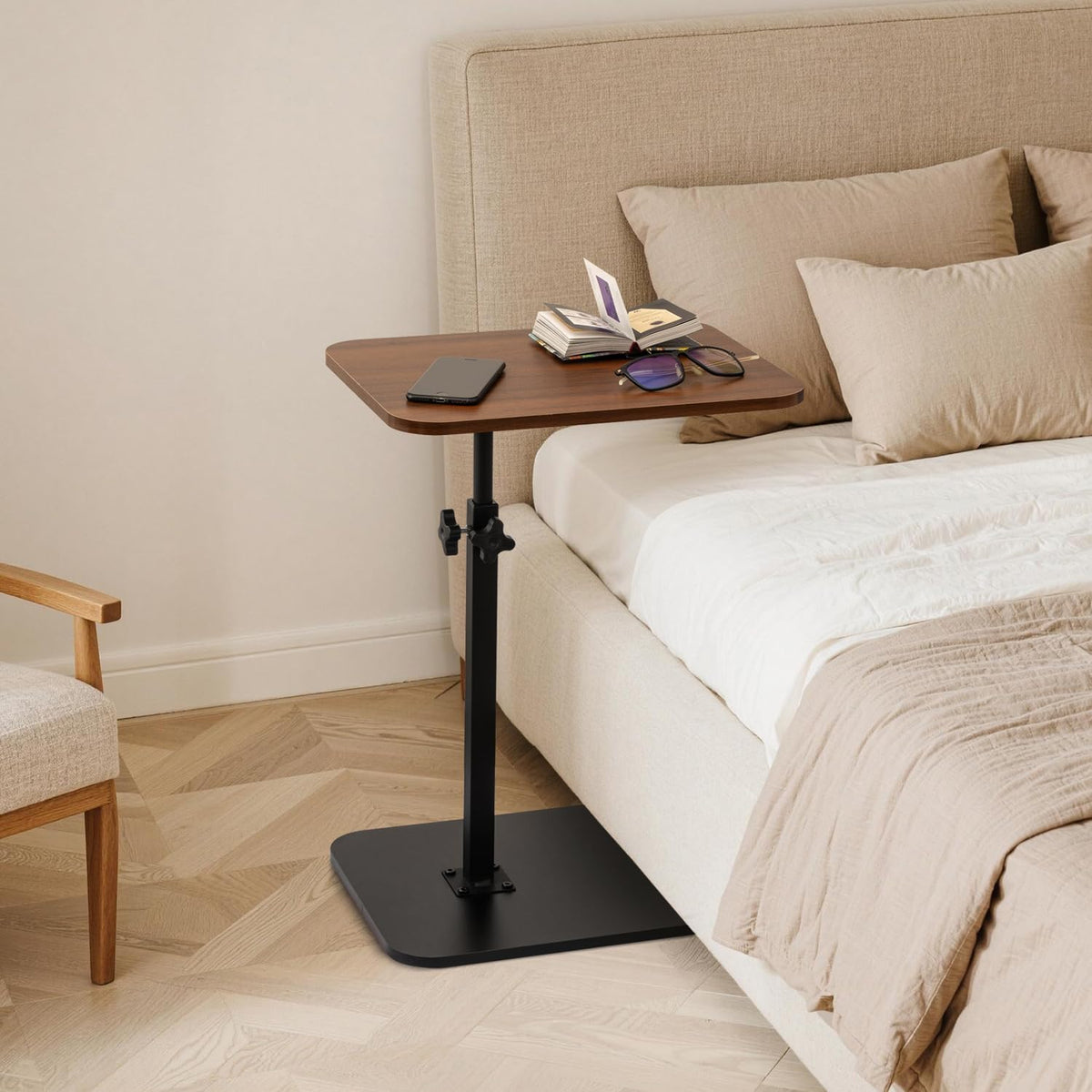 C-Shaped Side Table, 360° Swivel Height Adjustable, Lightweight Portable TV Tray Snack End Table for Couch Sofa Bed Small Spaces-Walnut - Image 5