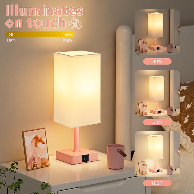Touch Table Lamp for Bedroom - Dimmable, USB C+A, White Lamphade Pink Base | 3-Way Dimmable, 3000K LED Bulb Included, Square Lampshade, Cute Room Decor for Teen Girls, Kids, Small Lamp for Dorm, Nursery - Image 4