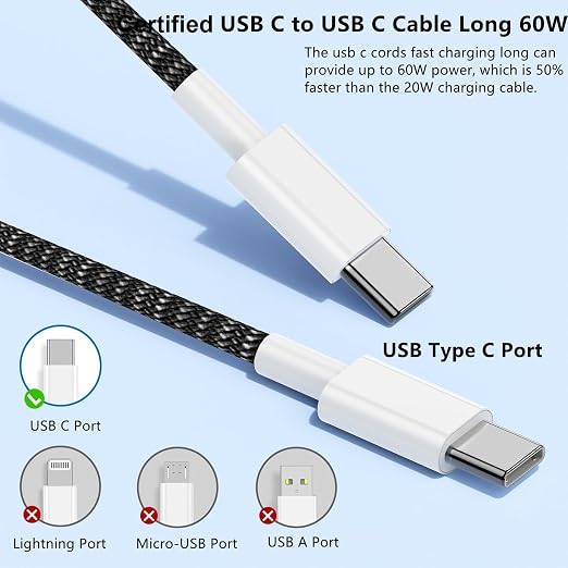 USB C to C Charger Cable 10ft, 60W Type C to C Fast Charging Cable Cord Long for Apple iPhone 17 Pro Max/17 Air/16 Pro Max/16 Pro/15 Plus/15 Pro Max/MacBook 2021/2020/2019,iPad Pro/Mini/Samsung Galaxy - Image 2