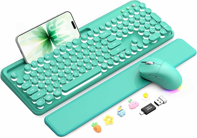 Wireless Keyboard and Mouse, Backlit Typewriter with Magnetic Wrist Rest | Phone Holder, Light Up Round Keycaps, Lighting Mouse, 2.4GHz Cordless Set for Mac, Windows, PC, Laptop, SABLUTE by SABLUTE