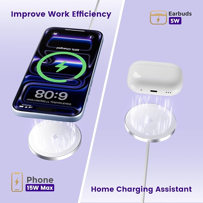 15W Wireless Charger for Apple MagSafe Charger, Magnetic Fast Charging Pad | Compatible for iPhone 17 16 15 14 13 12 Pro Max, AirPods-Slim Portable for Desk Bedside and Travel - 2 Pack, White - Image 9