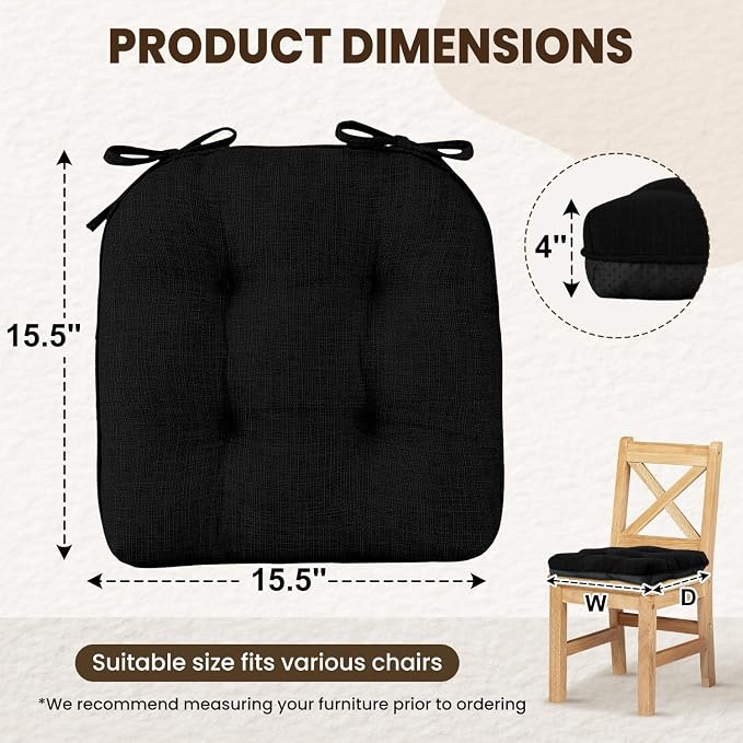 downluxe Indoor Chair Cushions for Dining Chairs, Tufted Overstuffed Textured Kitchen Chair Pads with Ties and Non-Slip Backing, 15.5" x 15.5" x 4", Black, 6 Pack - Image 2