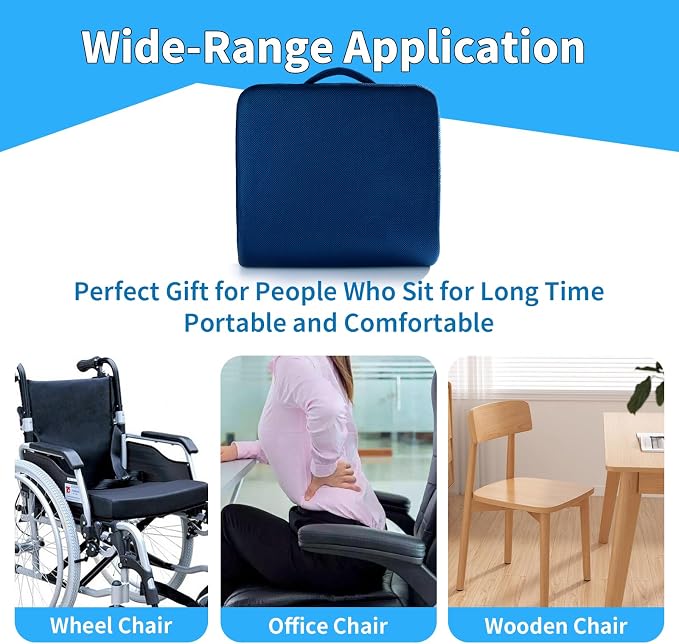 YOUFI Extra Thick Large Seat Cushion, Gel Memory Foam Cushion with Carry Handle Non Slip Bottom, Pain Relief Coccyx Cushion for Wheelchair Office Chair (Blue, 19" x 17.5" x 4") - Image 8