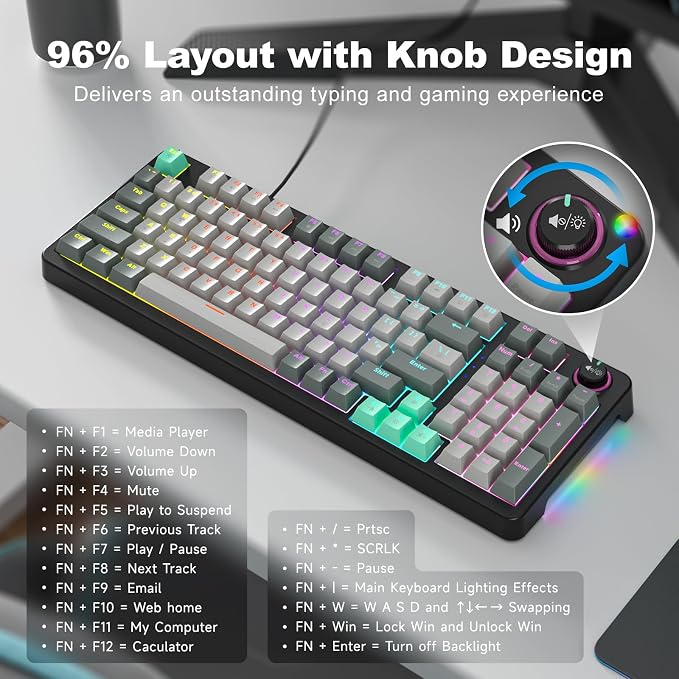 MOFII AK96 Mechanical Gaming Keyboard, Full Keys LED Backlit Programmable, Plug and Play USB A/C Wired Computer Custom Keyboard with Sound/Light Control Knob for Win/Mac - Gray & Black - Image 6