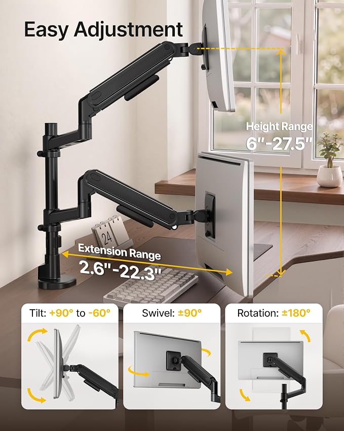 monTEK Dual Monitor Arm, Vertical Stackable 17–40" Full Motion，Black | Vertical Stackable Mechanical Spring For 17–40"Ultrawide Monitor, Hold Up To 26.4 Lbs Each, Compatible With 75/100 VESA Mount - Image 5