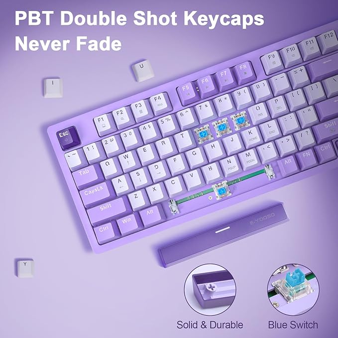 HUO JI Wired Mechanical Gaming Keyboard Compact with Number Pad | Purple Led Backlit, Blue Switch, Detachable Type C Cable, 94 Keys for PC/Computer/Laptop, White Purple - Image 3