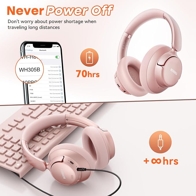 BERIBES Hybrid Active Noise Cancelling Headphones Wireless Over Ear 70Hours | Foldable Bluetooth 6.0,Transparent Modes,3.5MM Cable,Lightweight Built-in Mic,HiFi Stereo Deep Bass,Soft-Earpad,Fast Charging - Image 6