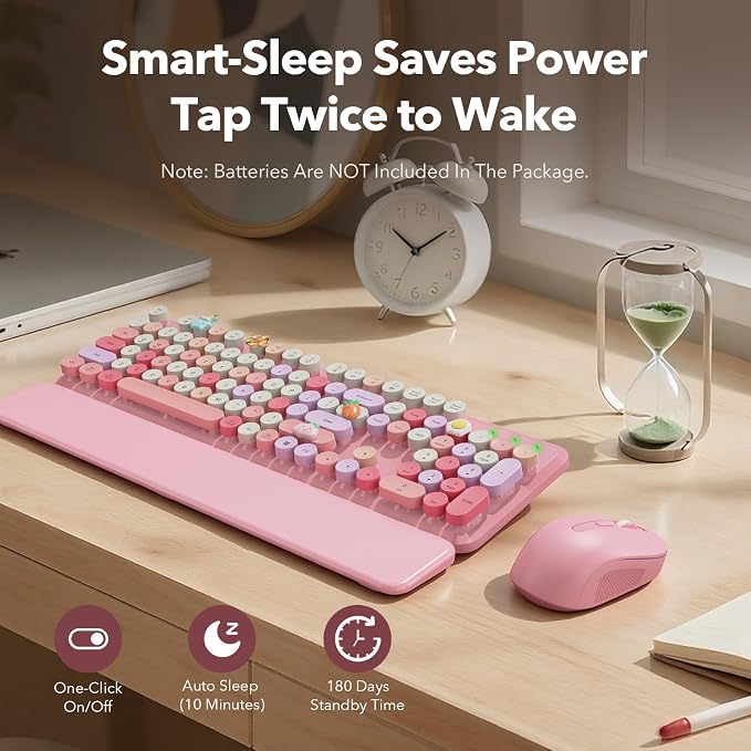 Wireless Keyboard and Mouse Combo, Cute Retro Typewriter Keyboard with Round Keycaps and Magnetic Wrist Rest, Full-Size 2.4GHz Cordless for Mac, Windows PC, Laptop, SABLUTE CK23, Pink Multi-Color | Full-Size Typewriter-Style Keyboard, Tilt Legs, 2.4GHz... - Image 5