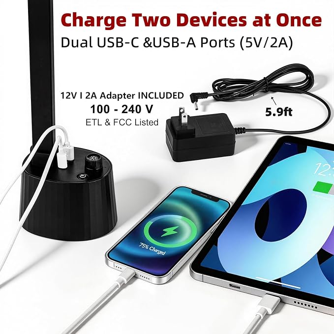 BOHON Small Desk Lamp with USB C Charging Port 5 Colors Stepless Dim Black | Reading Light Space-Saving Rotating Head Desk Lamp for Home Office College Dorm Room Bedside Table Bedroom - Image 3