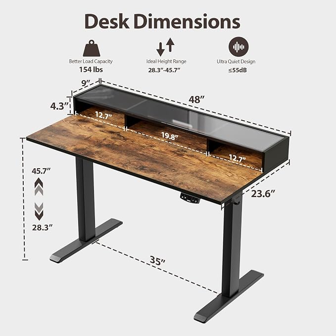Agilestic 48*24 Inch Electric Standing Desk with Glass Shelf, Rustic Brown | Electric Height Adjustable, 2 Storage Drawer, Monitor Stand, Sturdy Steel Frame, Memory Presets, Hooks, 154 lbs, Splice Board - Image 3