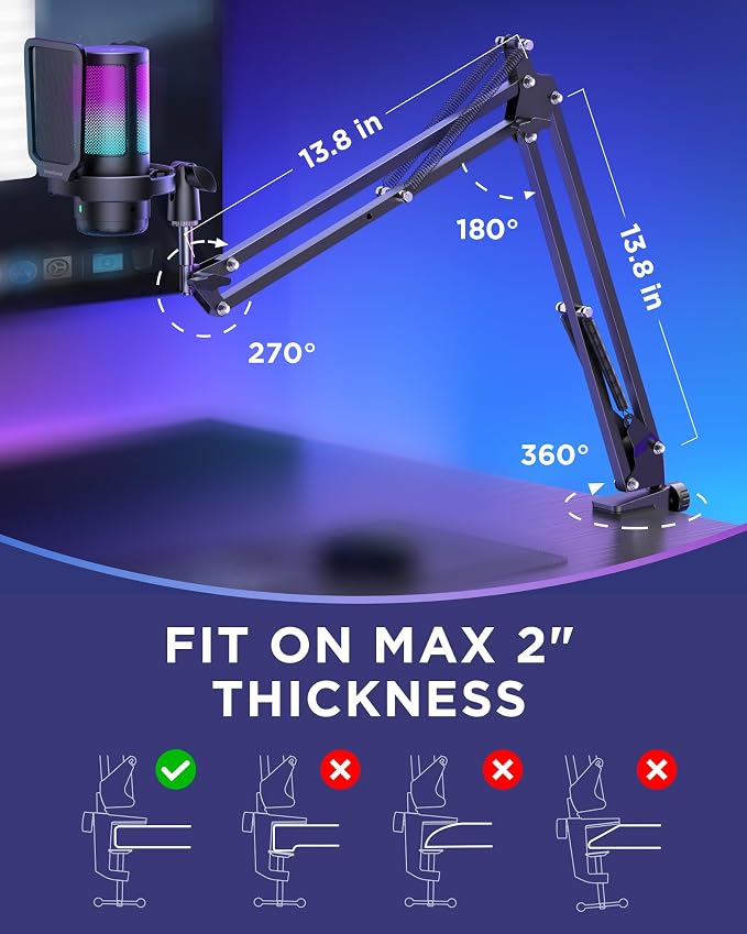 InnoGear Gaming Mic USB Computer Microphone for PC Boom Arm Stand, Black | Noise Cancellation, Adjustable Boom Arm, One-Touch Mute, Flexible Angle, 4 RGB Modes, Work with PS4/PS5, Wide Frequency Range - Image 7