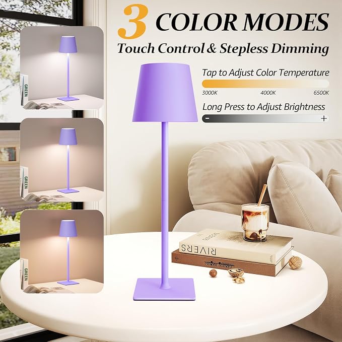 CHLORANTHUS 2 Pack Cordless Table Lamps, 3 Colors Stepless Dimming, 5000mAh Rechargeable Battery LED Desk Lamp for Bedroom/Couple Dinner/Desk/Cafe/Dining Room/Terrace - Image 2