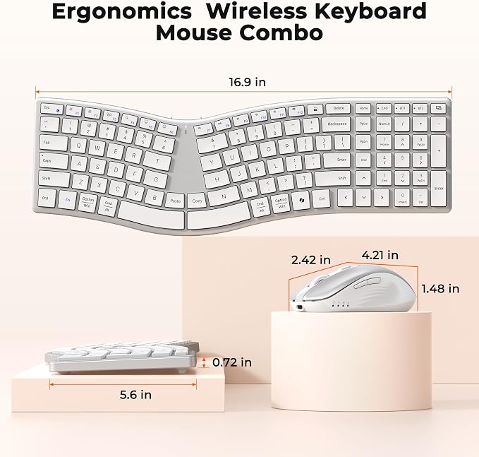 MEETION Wireless Ergonomic Keyboard and Mouse, Split S-Curve Design, White | Dual Bluetooth and 2.4GHz connectivity, low-profile rechargeable keyboard, 4 DPI mouse for Windows, Mac, PC and laptop - Image 7