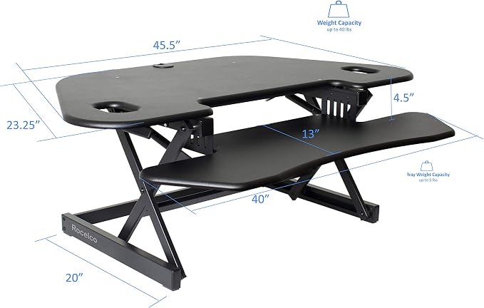 Rocelco 46" Height Adjustable Corner Standing Desk Converter with Dual Monitor Stand Bundle - Quick Sit Stand Up Computer Workstation Riser - Extra Large Keyboard Tray - Black (R CADRB-46-DMS) - Image 3