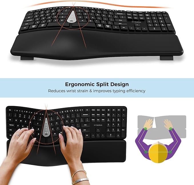 Ergonomic Keyboard Mouse Wireless Combo, Full Size Bluetooth Split Keyboard with Wrist Rest, 4 Level DPI Ergo Mouse for Windows Mac OS Computer, Black - Image 3