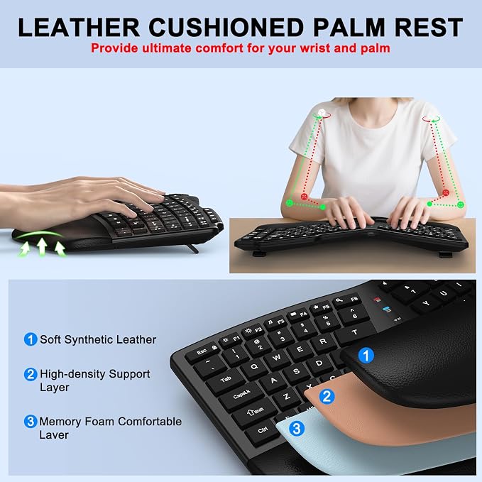 Ergonomic Wireless Keyboard Mouse, Wave Key Bluetooth/2.4G Split Design Ergo Keyboard Mouse Combo with Cushioned Palm Rest, Multi-Device, Rechargeable, for Multi-OS, Windows/Mac/Android - Image 3