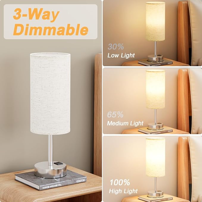 Dicoool Bedside Table Lamp for Bedroom - Touch Desk Lamp with USB A+C Port | USB A+C Ports, 3-Way Dimmable, LED Bulb Included, White Fabric Shade, Silver Metal Base, 14" Small Night Stand Lamp for Dorm - Image 6