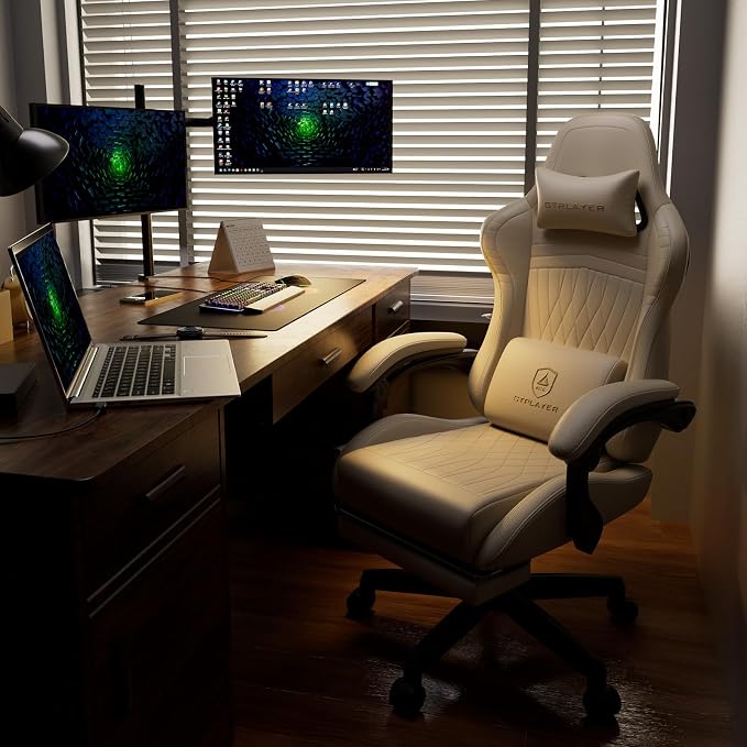 GTPLAYER Gaming Chair with Speakers, Video Game Chairs with Footrest, PC Gamer Chairs for Adults - Padded High Back Ergonomic Reclining Silla Gamer, Linkage Armrest, Ace Pro, Ivory - Image 2
