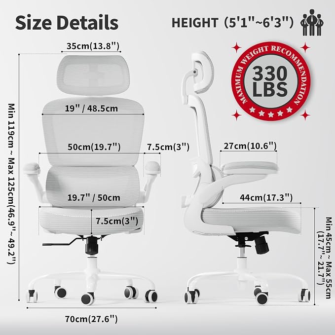 TRALT Ergonomic Office Chair Desk Chair with Adjustable Lumbar Support | Home Office Desk Chairs with Flip-up Armrests & 3D Headrest - Mesh Gaming Chairs for Adults, 330lbs, PU Leather (White, 1) - Image 2