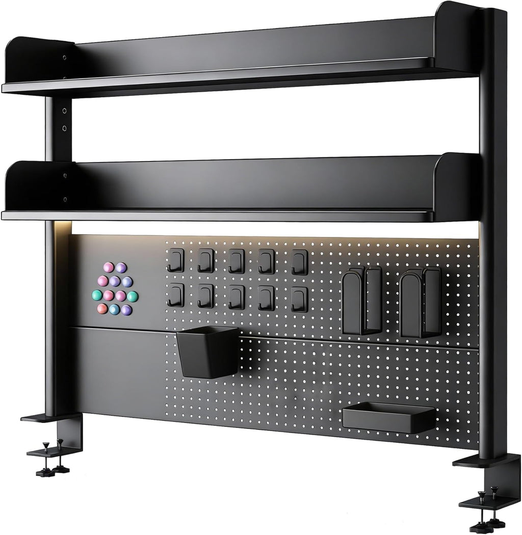Clamp On Desk Pegboard Shelf - Metal Desktop Organizer Hutch with 2 Shelves by CHSSIH
