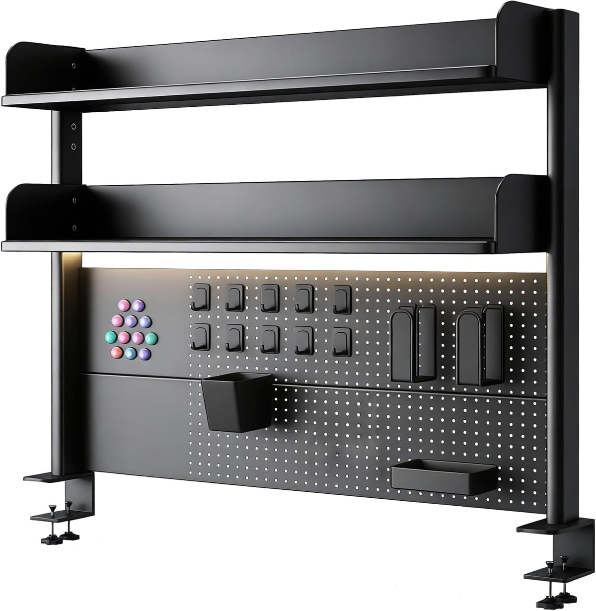 Clamp On Desk Pegboard Shelf - Metal Desktop Organizer Hutch with 2 Shelves by CHSSIH