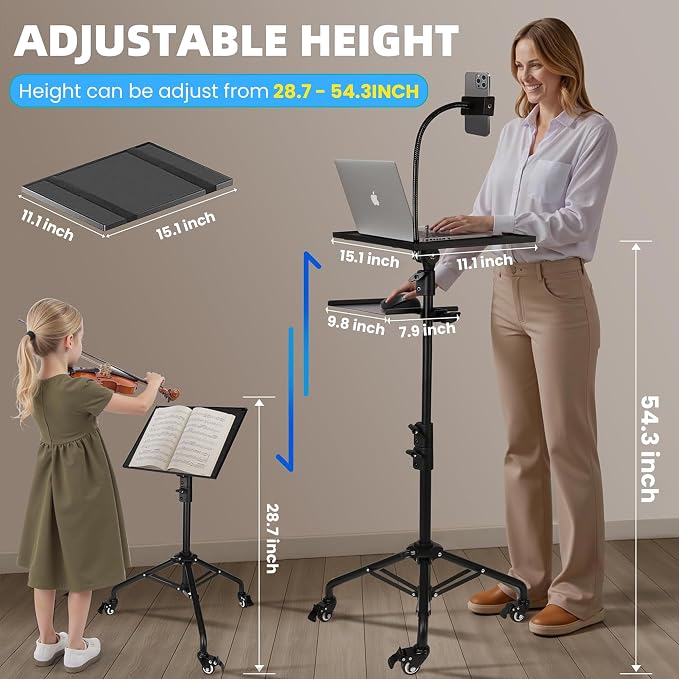 Projector Stand Tripod - 28.7 -54.3 Inch Adjustable Laptop Tripod Stand with Wheels - Dual Tray Portable Laptop Stand with Phone Holder for Office, Home, Stage, DJ Equipment & Outdoor Movies - Image 3