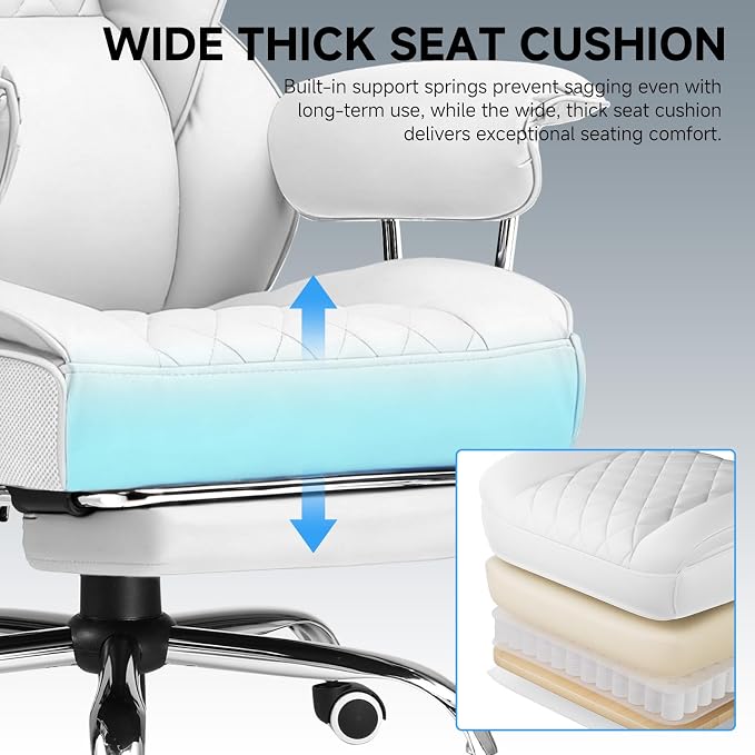 GTPLAYER Gaming Chair,Office Chair with Pocket Spring Lumbar Support, Ergonomic Comfortable Wide Office Desk Computer Chair with Outward Fixed Soft Armrests and Footrest,(PU Leather, White) - Image 8