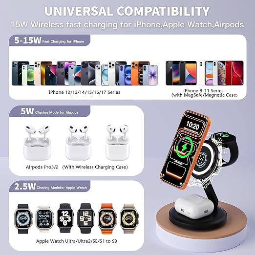 Charging Station for Apple Magsafe Wireless Charger iPhone Charging Station | 15W 3 in 1 Foldable Stand Magnetic Wireless Charger for iPhone 17 Pro Max/16 Plus/16 ProMax/15/14/13,Apple Watch,AirPods Pro - Image 7