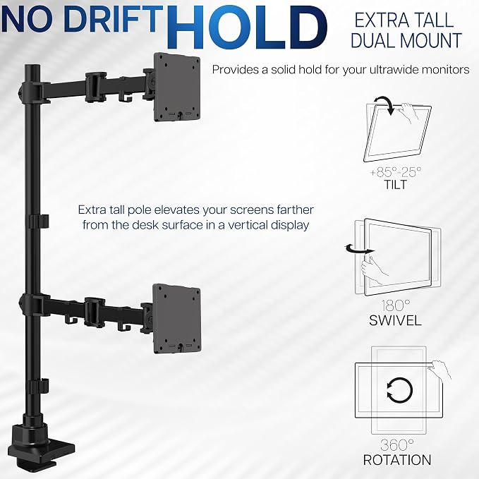 VIVO Dual Ultra-Wide Monitor Extra Tall Desk Mount for up to 49 inch Ultrawides, Clamp-on Adjustable Stand Holds 44 lbs per Screen, VESA up to 100x100mm, Black, STAND-V120T - Image 3