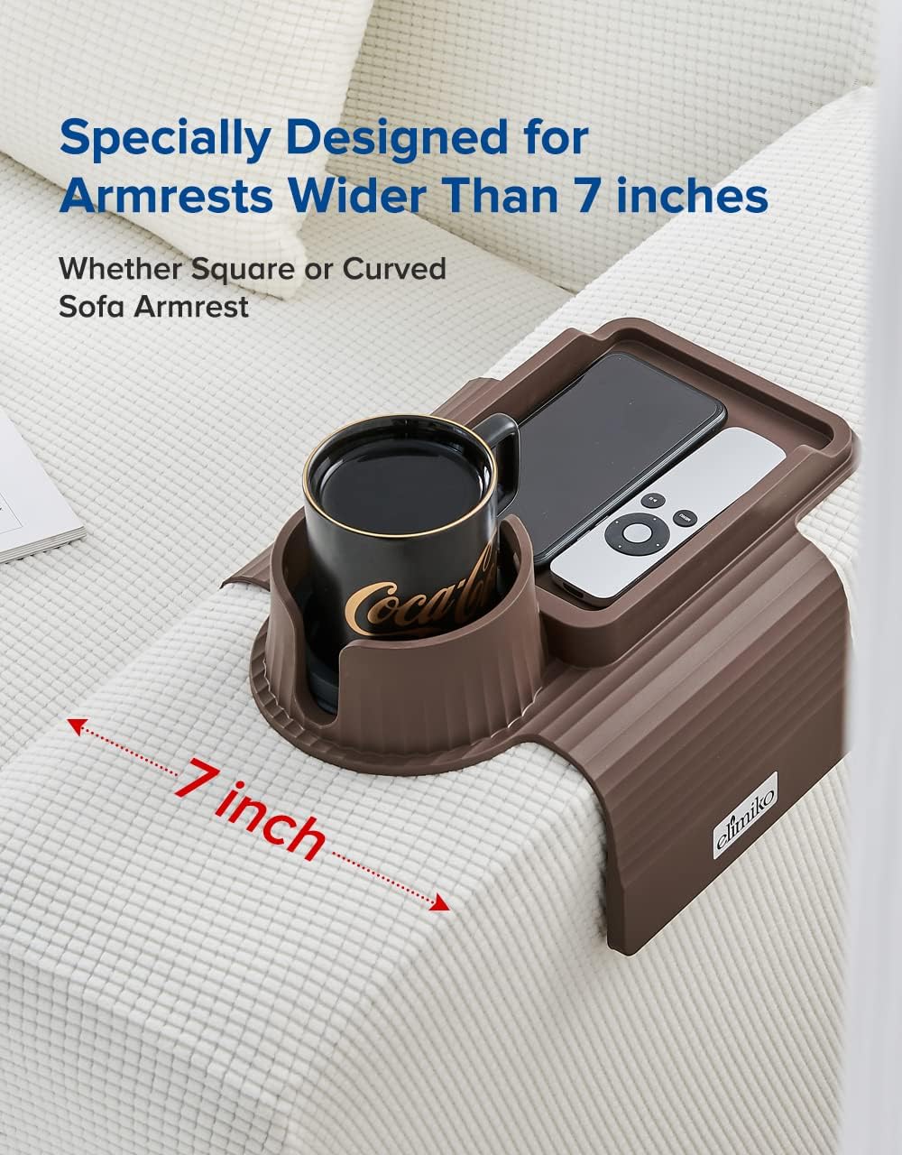 Couch Cup Holder Tray, Elimiko Silicone Sofa Drink Holder with Large Cup Holder and Tray, for Oversized Mugs/Long Remote/Snacks/Cellphone (Mocha Brown) - Image 6