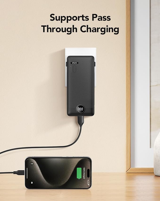 VRURC Portable Charger, Power Bank Built-in Cables and AC Wall Plug | USB C Portable Bank 10000mAh,Travel Essentials Phone Charger Compact External Battery Pack for Smart Phones,Tablets-Black - Image 3