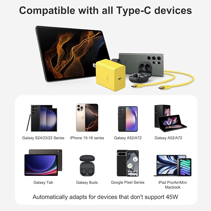 USB C Charger Type C Charger Fast Charging Long 6FT 45W Samsung Charger | for iPhone Air/17 Plus/17 Pro/17 Pro Max/16 Plus/16 Pro Max/15 Pro Max/iPad Pros/Samsung Galaxy S26/S25,Android(Yellow) - Image 5