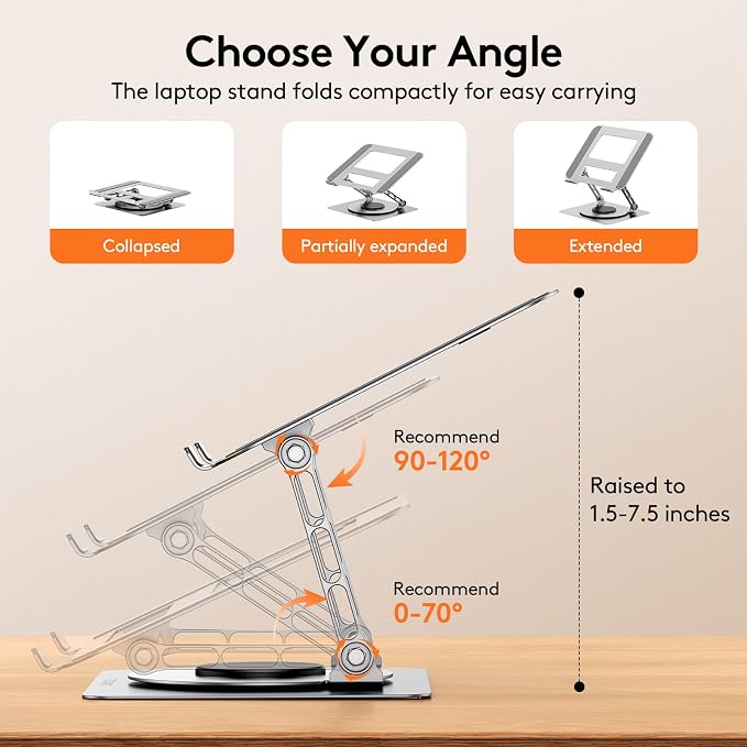 TECKNET Laptop Stand for Desk, 360° Rotating Laptop Stand for 10-17" Laptop | Ergonomic Foldable Height Adjustable Computer Riser for Office, Home, Remote Work Compatible with MacBook, HP Laptops, Silver - Image 5