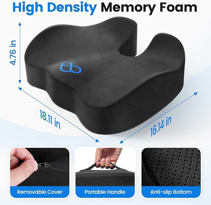 Seat Cushion, Non-Slip Memory Foam Chair Cushion for Taibone, Grey/Large | Chair Pillow with Handles for Car Office Chair, Tailbone/Sciatica Easing& Post-Surgery Recovery Chair Cushion - Image 2