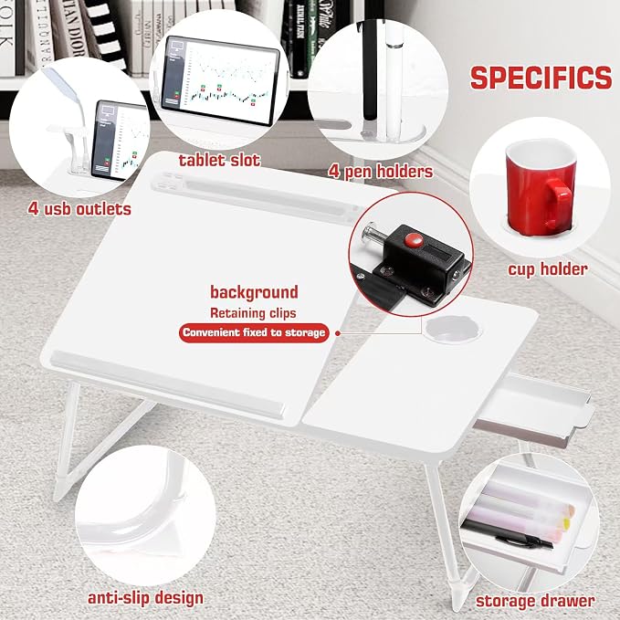 CloudTrip Plus XL Adjustable Laptop Desk with Light, USB Port, iPad Holder, Drawer Storage - Larger 23.6IN Adjustable Lap Desk for Bed, Home Office, Breakfast Tray, Fordable Legs Desk (White) - Image 4