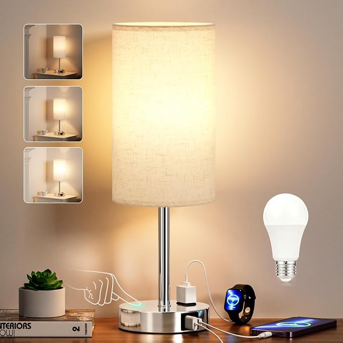 White Touch Table Lamp for Bedroom - Bedside Desk Lamp for Dorm Study | 17" Night Stand Lamp, USB A+C Ports, 3-Way Dimmable, LED Bulb Included, White Linen-Texture Shade, Sleek Silver Metal Baset - Image 7