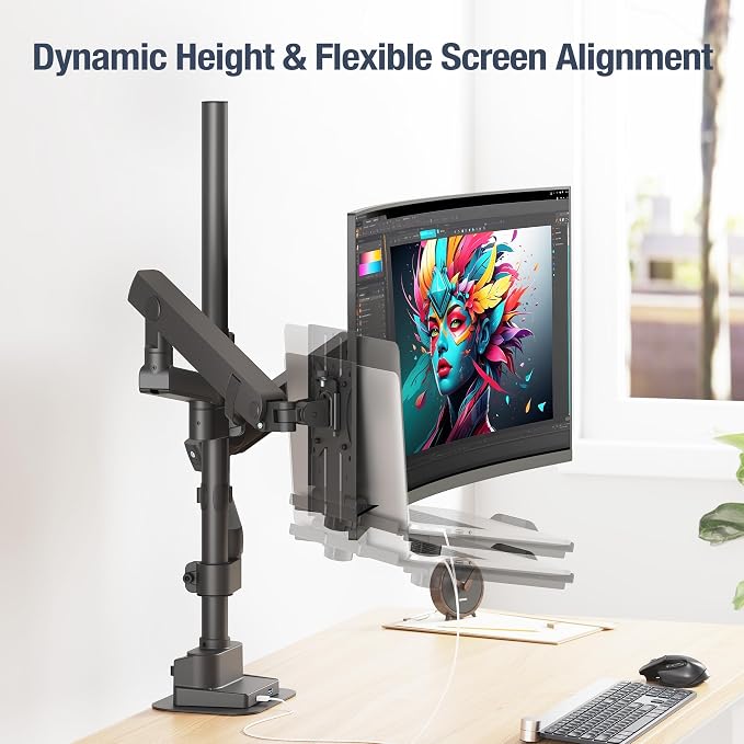 AVLT Laptop & Monitor Arm Pole Top Mount for 17-40" Screens - Black | Supports flat/curved/ultrawide screens up to 26.4 lbs each. Includes 12-17" laptop tray, 38.9" lift and USB-C/A ports. - Image 8