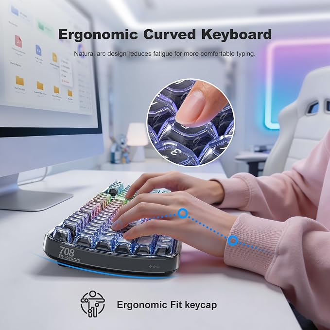 Clear Wireless Keyboard, Tri-Mode Bluetooth/2.4G Rechargeable Keyboard with RGB Backlit, Ergonomic Computer Keyboard with Transparent Keycaps for PC Laptop Desktop Home Office-Black Pearl - Image 3