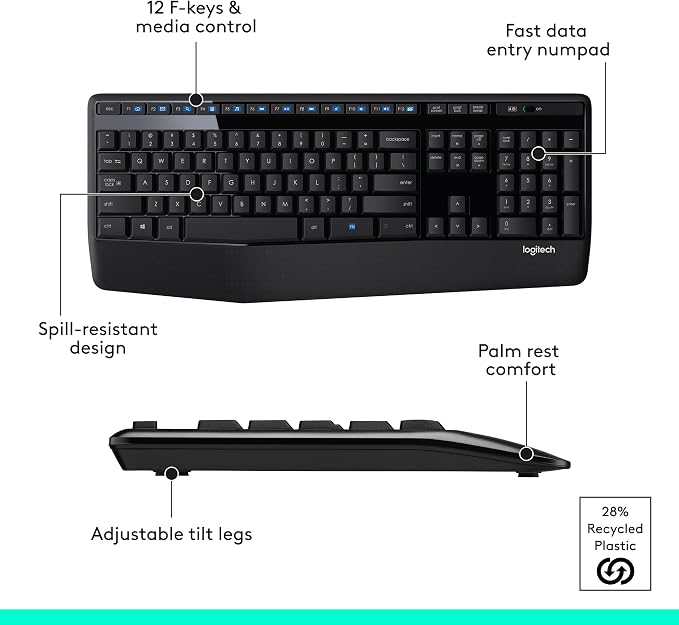Logitech MK345 Full Size Wireless Keyboard and Mouse Combo - Black | Full size keyboard with integrated palm rest, compact right handed mouse, connect via single included USB-A Nano Receiver - Image 7