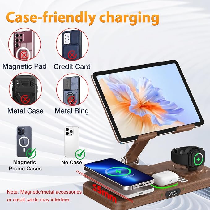 Wireless Charging Station for Apple Devices, Only for Apple Watch Charging | Included Type-C Cable for Tablet Charging, Foldable Wireless Charging Station, Cycling Ambient Lights, Time Clock Display - Image 7
