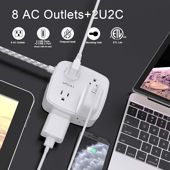 Surge Protector Power Strip - YISHU 8 Outlets with 4 USB (2 USB C) Charging Ports, 6Ft Braided Extension Cord, Flat Plug Multi Plug Outlet Extender Charging Station for Home Office, ETL, White - Image 2