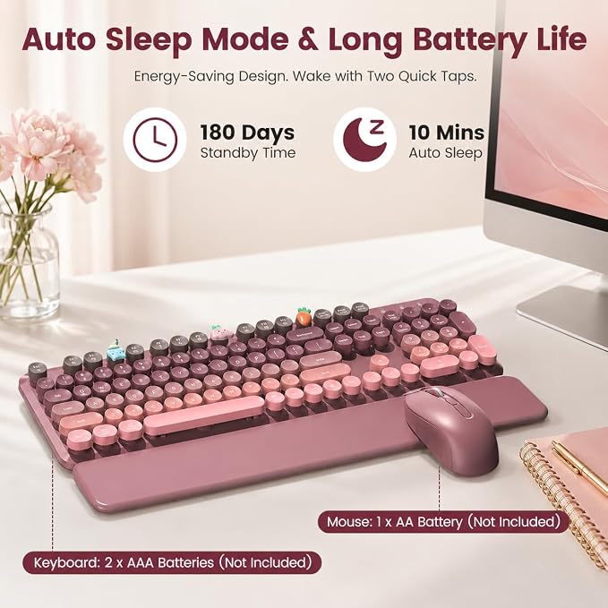 Wireless Keyboard and Mouse Combo, Round Keycaps, Full-Size Retro Typewriter Keyboard with Magnetic Wrist Rest, Tilt Legs, 2.4GHz Cordless for Mac, Windows PC, Laptop, SABLUTE CK23, Dusty Rose Ombre - Image 6