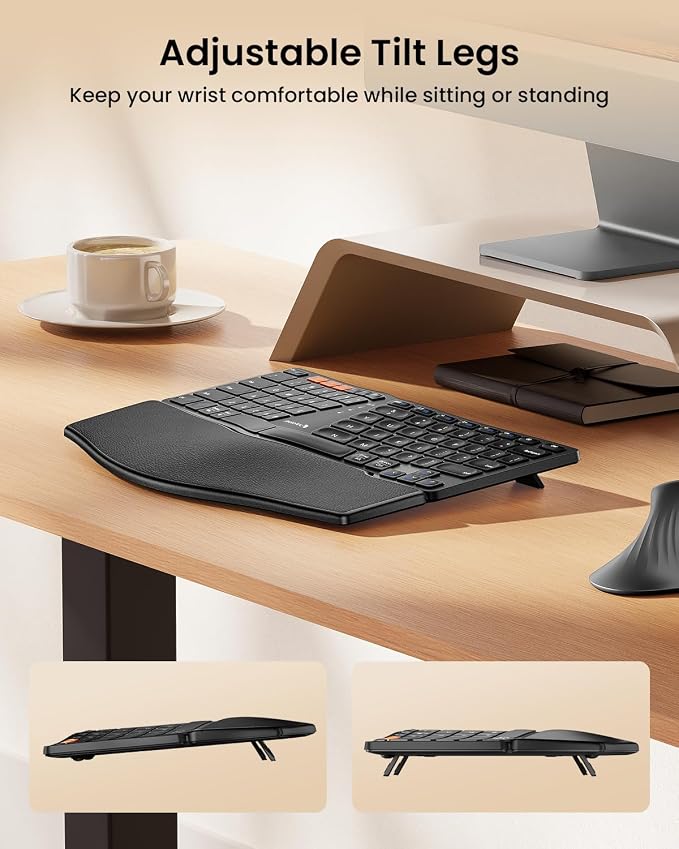 ProtoArc EK04 Mini Compact Wireless Ergonomic Keyboard - Black | Hard Palm Rest, 3-Device Bluetooth/2.4G, Split Design, Rechargeable, Compatible with Windows, Mac OS - Image 7