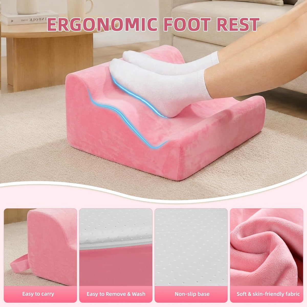 Foot Rest Ergonomic Pillow for Under Desk at Work & Handle Pink - Image 2