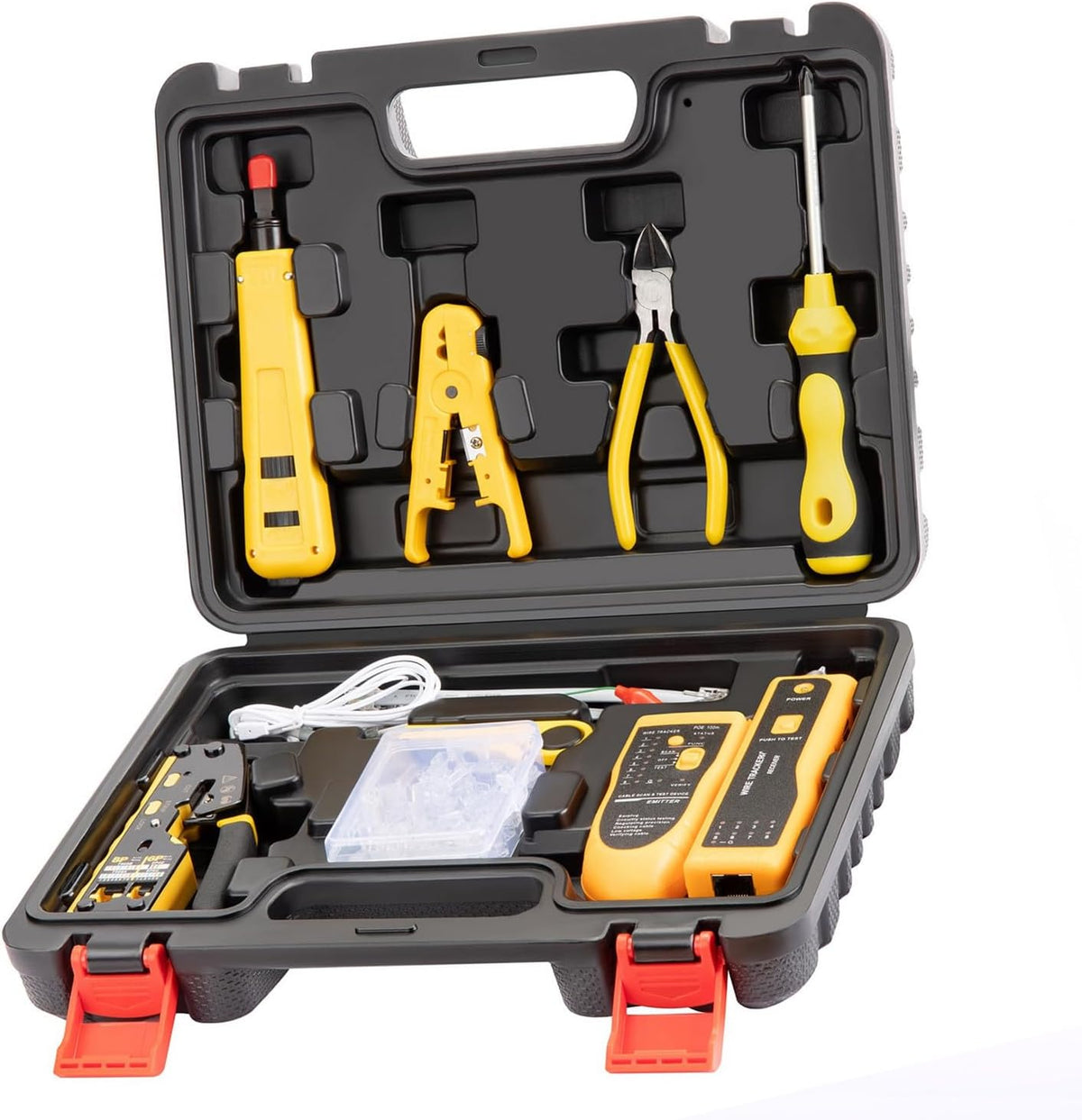 Network Tool Kit for Cat6 Cat5e Cat5, Pass Through RJ45 Crimp Tool Kit, Ethernet Crimper Cat6 Cat5e Cat5 Crimping Tool with Wire Tracker, Pass Through Connectors by JFDMYGJA