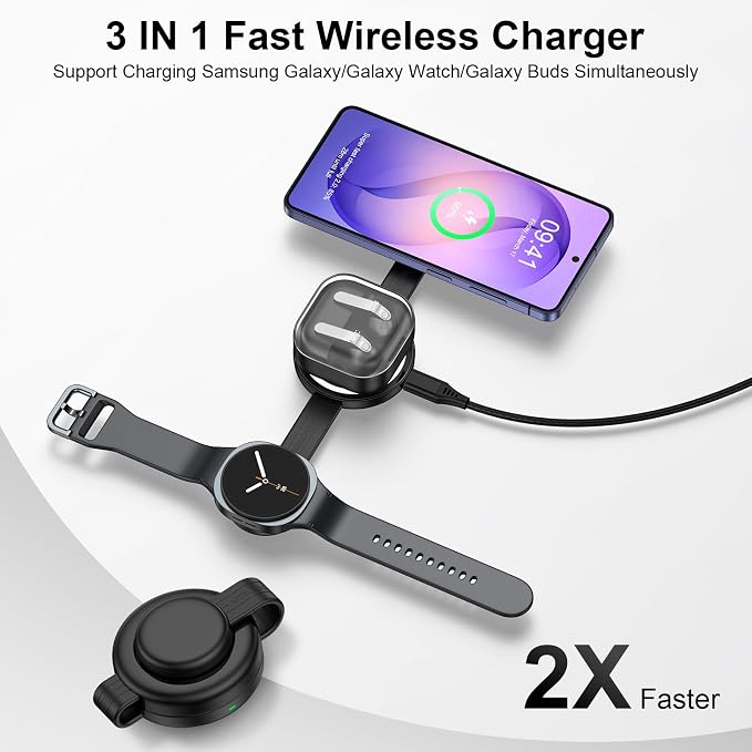3 in 1 Wireless Charging Station Samsung, Foldable Wire Less Charging Pad for Samsung S26 S25 Ultra S24, Fast Charging Station Galaxy Watch8/7 Galaxy Buds4, Travel Charger for Samsung Multi Devices - Image 3