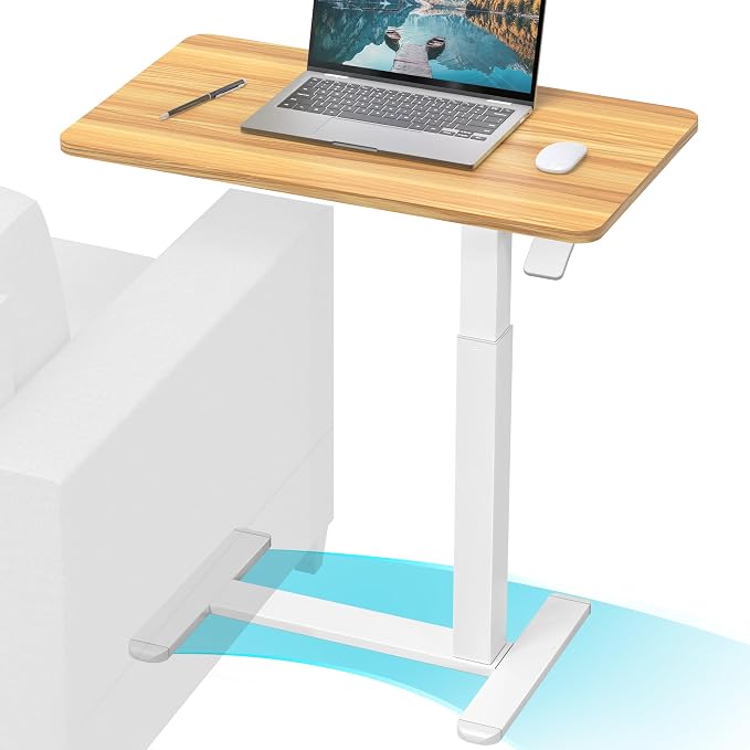 SHW Height Adjustable Mobile Laptop Desk w/Pneumatic Lift, Oak | Height Adjustable from 26" to 41.7" | Compact C-Shaped Side Table for Home Office and Bedside by SHW