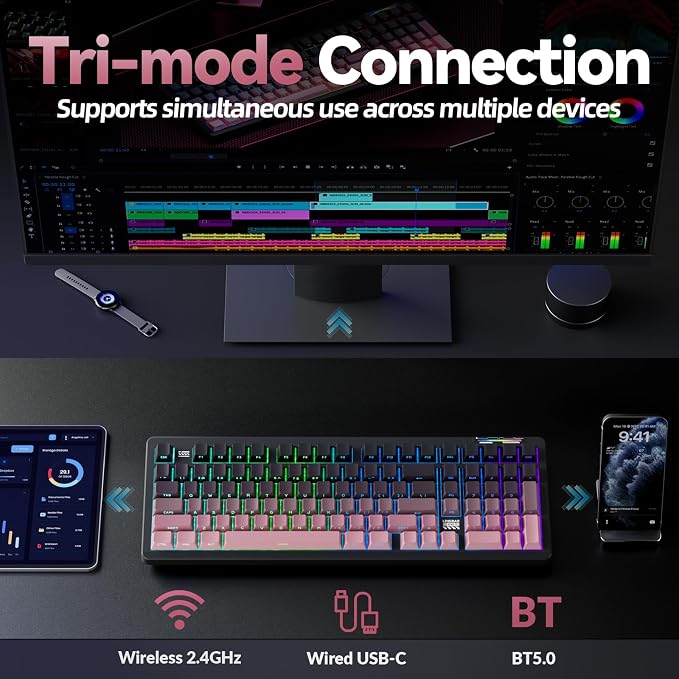 LINGBAO K98 Wireless Mechanical Gaming Keyboard, Tri-Mode Gasket Hot Swap | Linear Switches Creamy Keyboard with Number Pad,96% Layout RGB Backlit Mechanical Keyboard for PC Laptop, Custom Software - Image 3