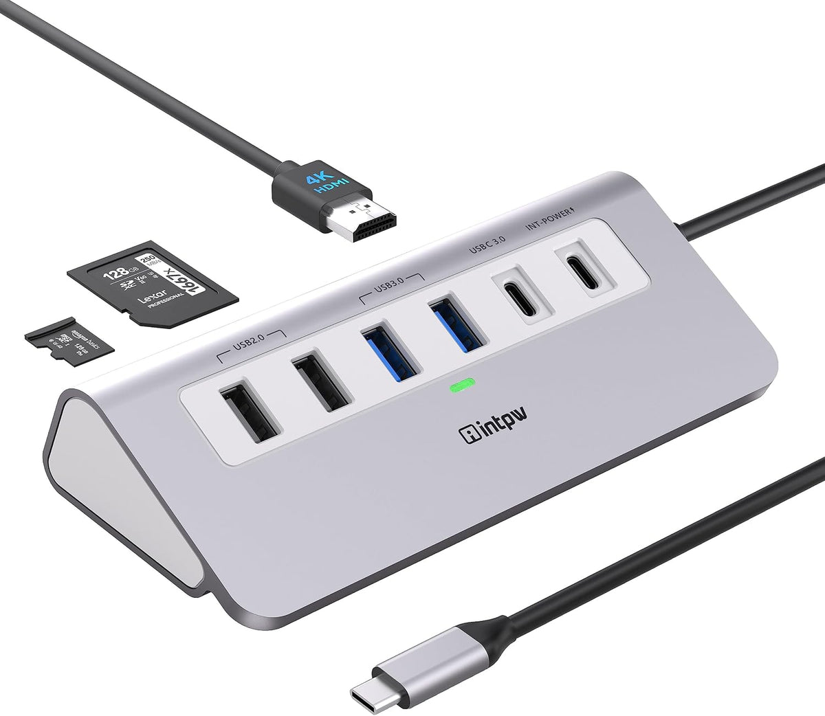 USB C Hub 9-in-1, 28° Ergonomic Aluminum Hub, 4K@60Hz HDMI, PD 100W by intpw